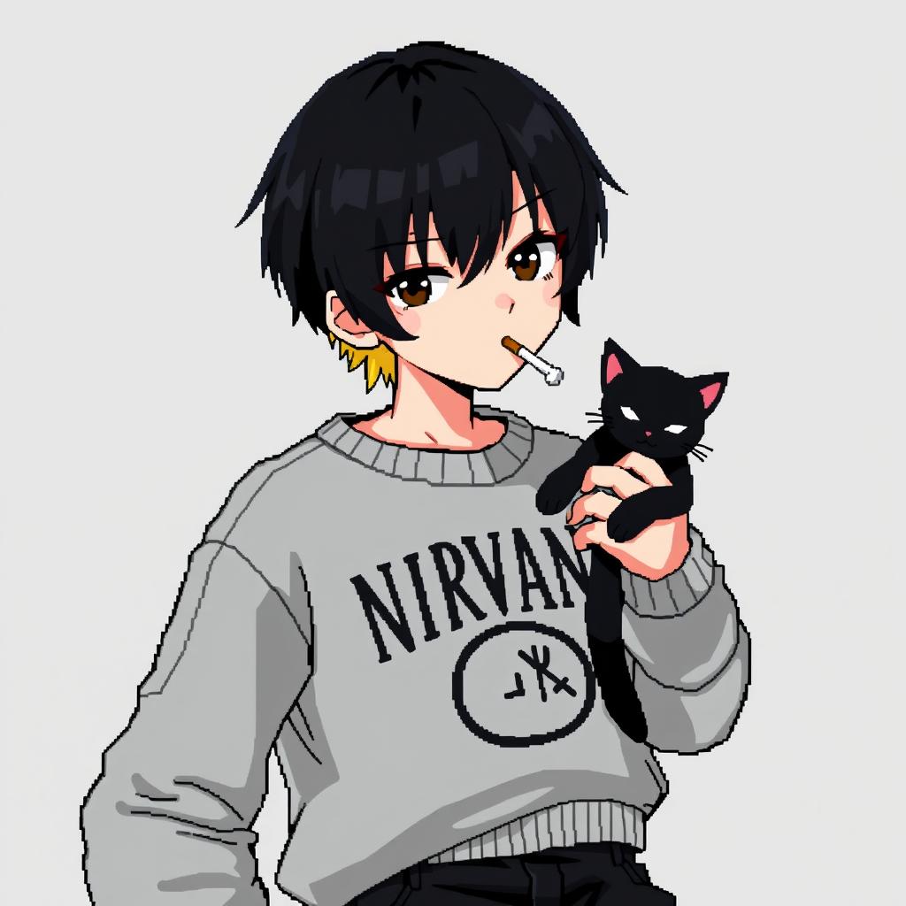 A pixel anime artwork featuring a teenage boy with medium black hair, the back of which is styled blonde