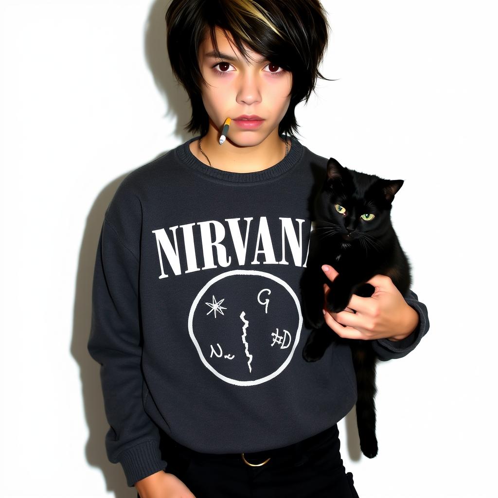 A teenage boy with black medium hair, featuring a striking blonde section at the back, embodies an alternative edgy style