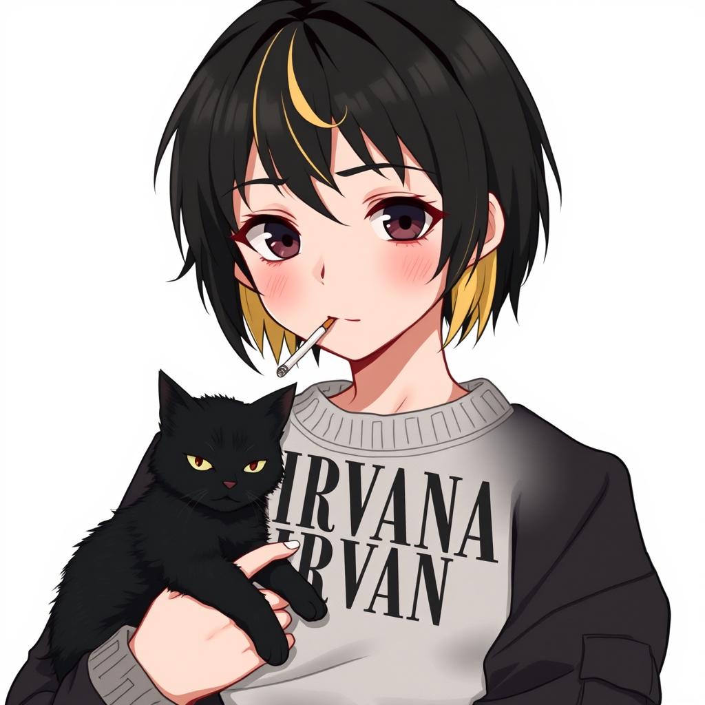 An anime artwork featuring a teenage boy with medium black hair that has blonde at the back, dressed in a Nirvana sweater and black cargo pants