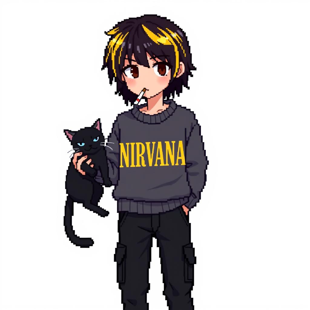 A pixel art style illustration of a teenage boy with medium black hair that has blonde tips at the back