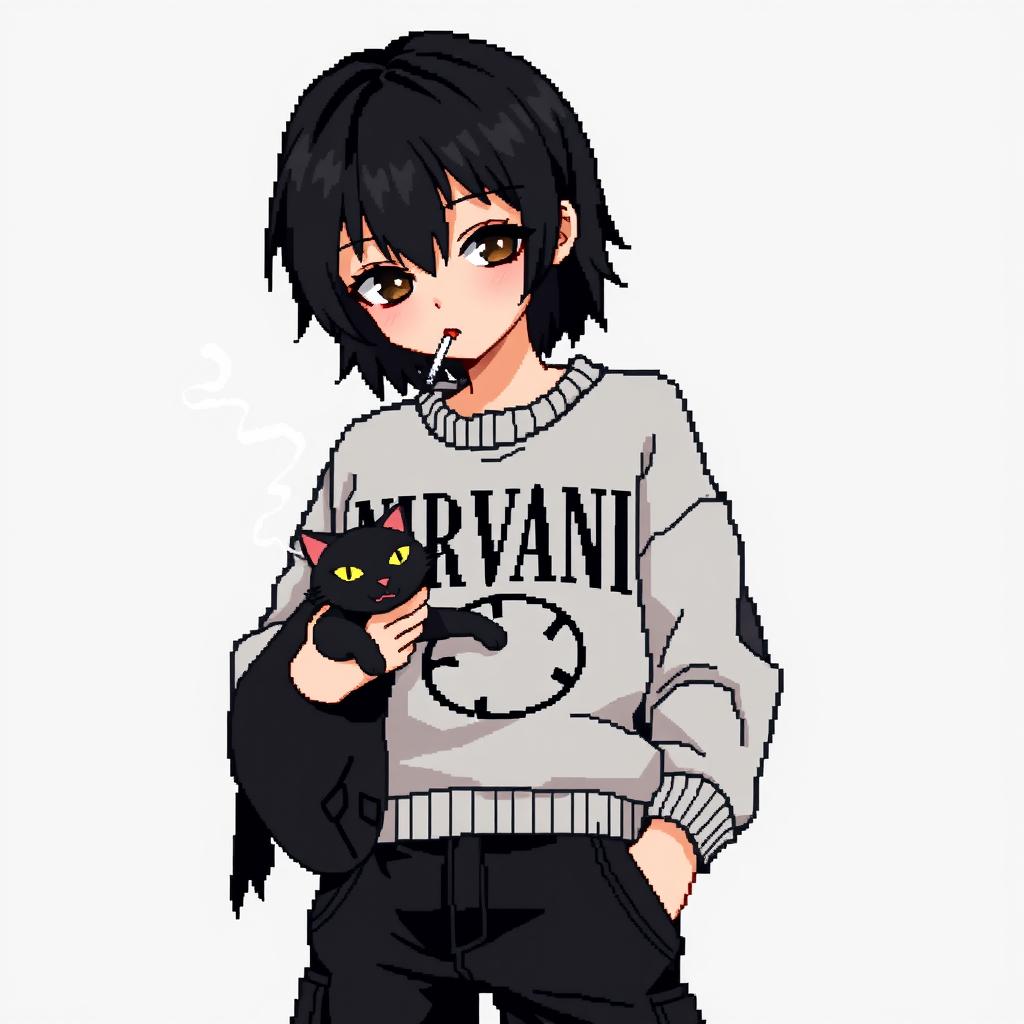 A pixel art anime image of a teenage boy with medium-length black hair that has blonde at the back
