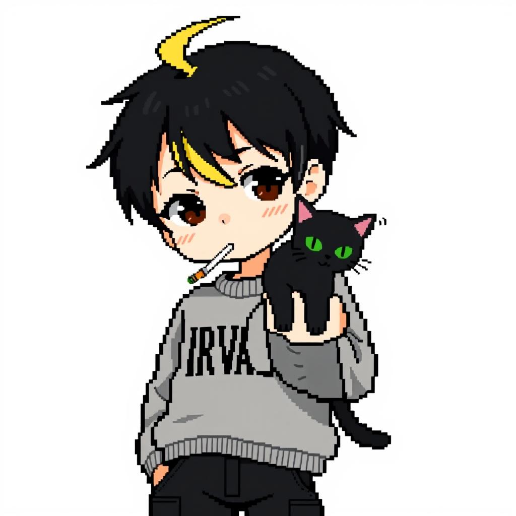 A pixel anime image of a teenage boy with medium black hair, featuring blonde at the back