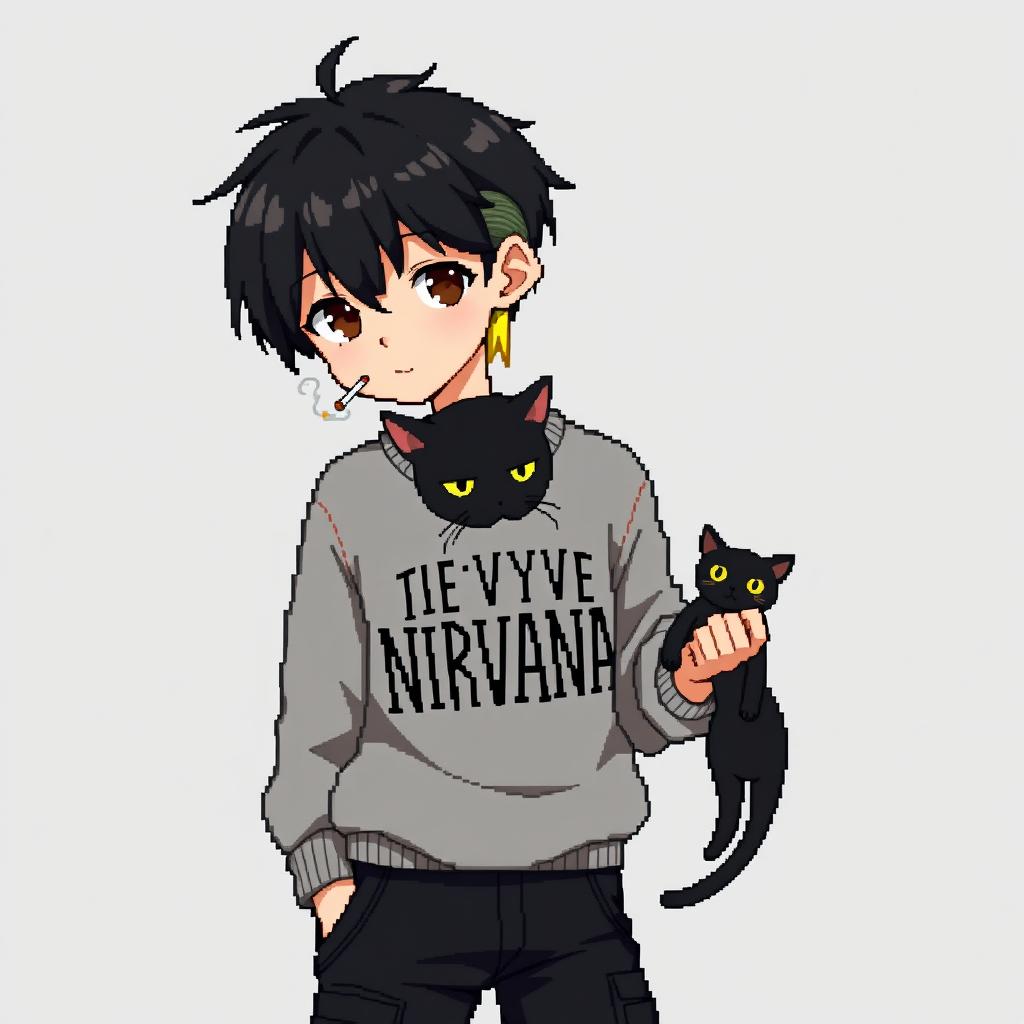A pixel anime image of a teenage boy with medium black hair, featuring a blonde undercut at the back