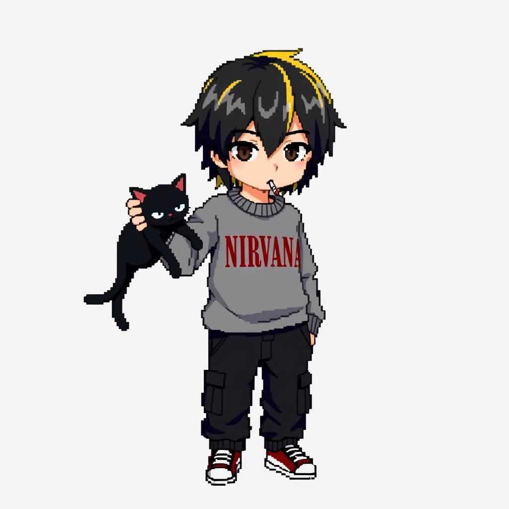 A pixel anime image of a teenage boy with medium black hair, featuring blonde at the back