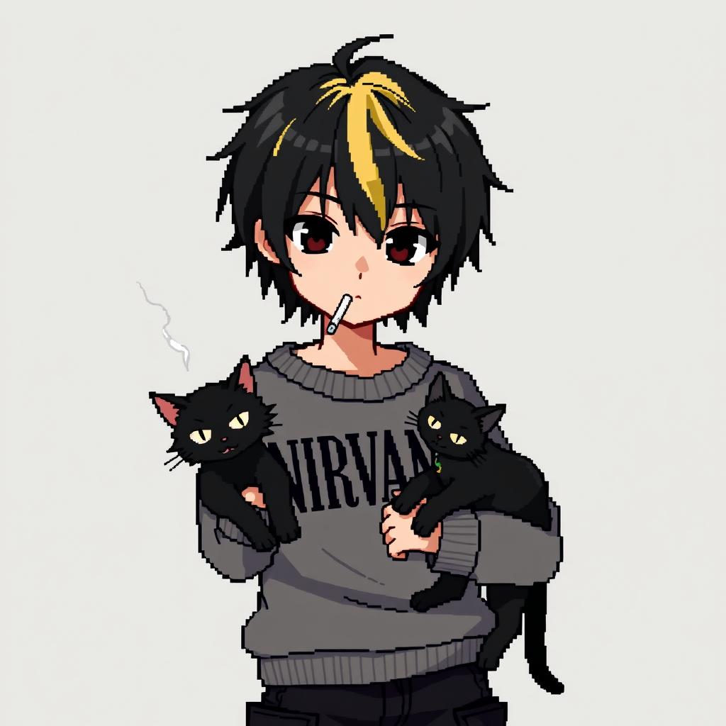 A pixel anime style image of a teenage boy with medium black hair, with blonde at the back