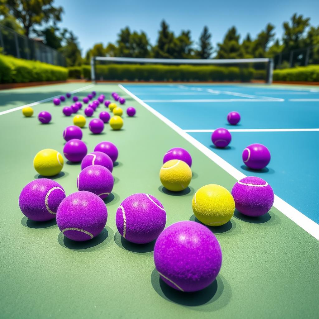 A creative and vibrant image of purple tennis balls scattered on a modern, sleek tennis court