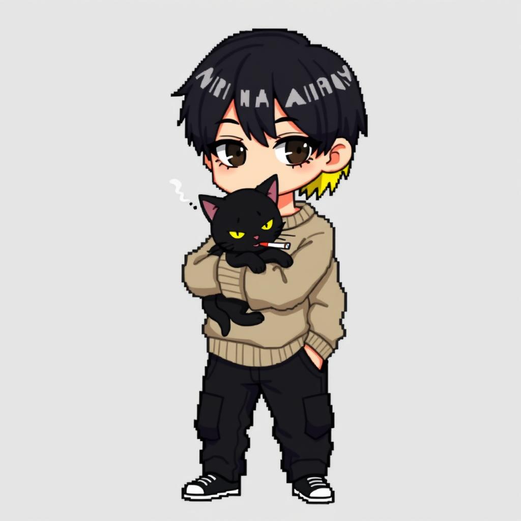 A pixel cartoon image of a teenage boy with black medium-length hair that transitions to blonde in the back