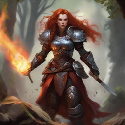 A commanding image of a fiery redhead dwarven female druid empowered only with wood and earth control, enshrined in her hefty armor as she directs a tumult of leaves and rocks to swirl in an air current around her.