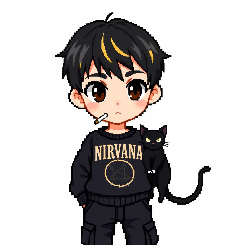 A pixel cartoon image of a teenage boy standing casually