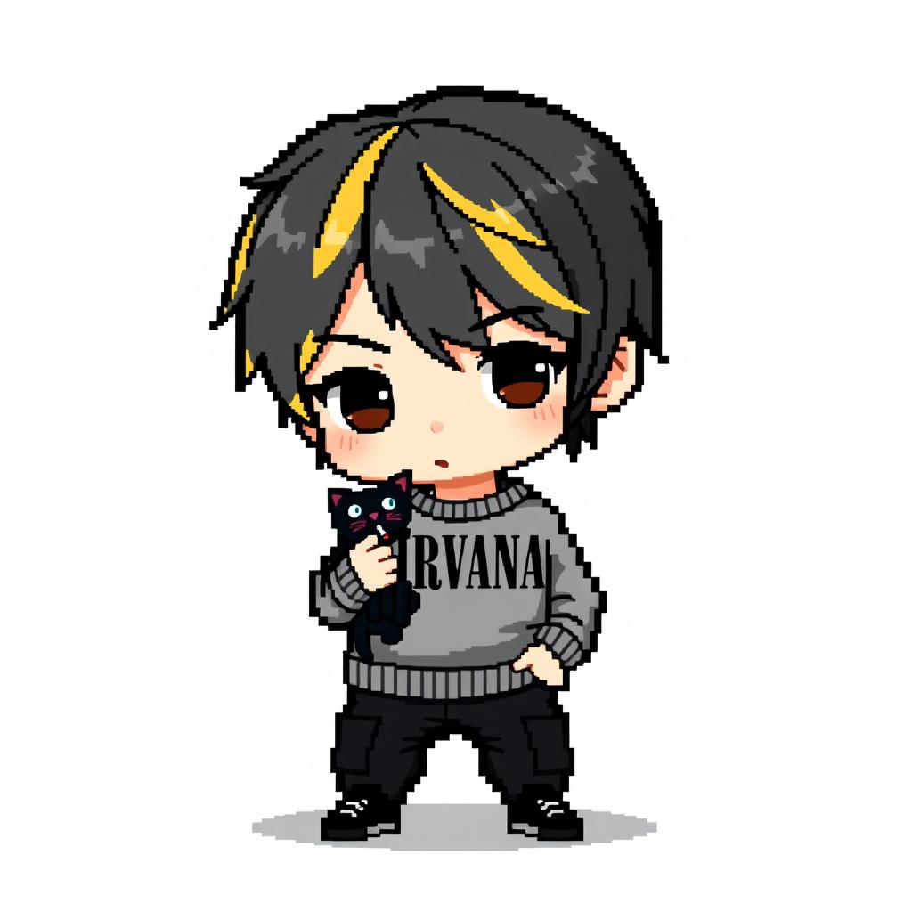 A pixel art cartoon image of a teenage boy with medium black hair that transitions to blonde at the back