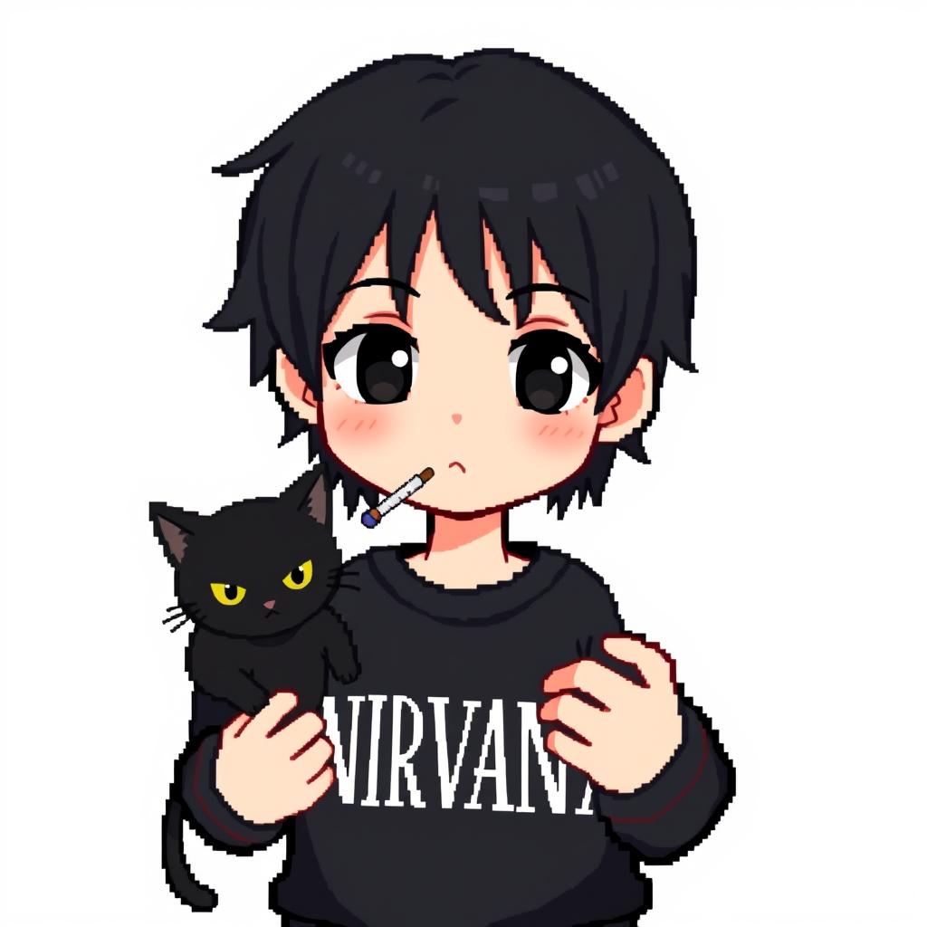 A half-body pixel cartoon illustration of a teenage boy with black medium-length hair, with blonde highlights at the back