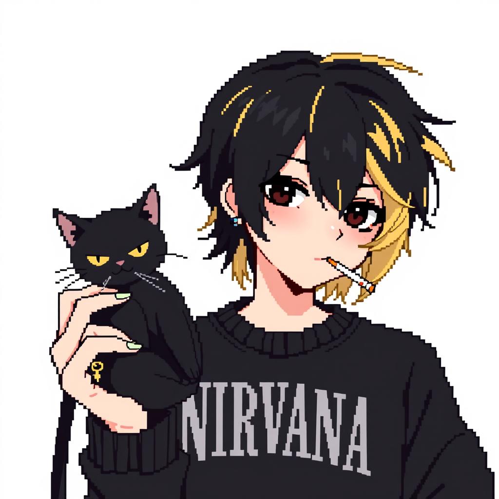 A half-body pixel anime image featuring a teenage boy with black medium-length hair, with the back dyed blonde