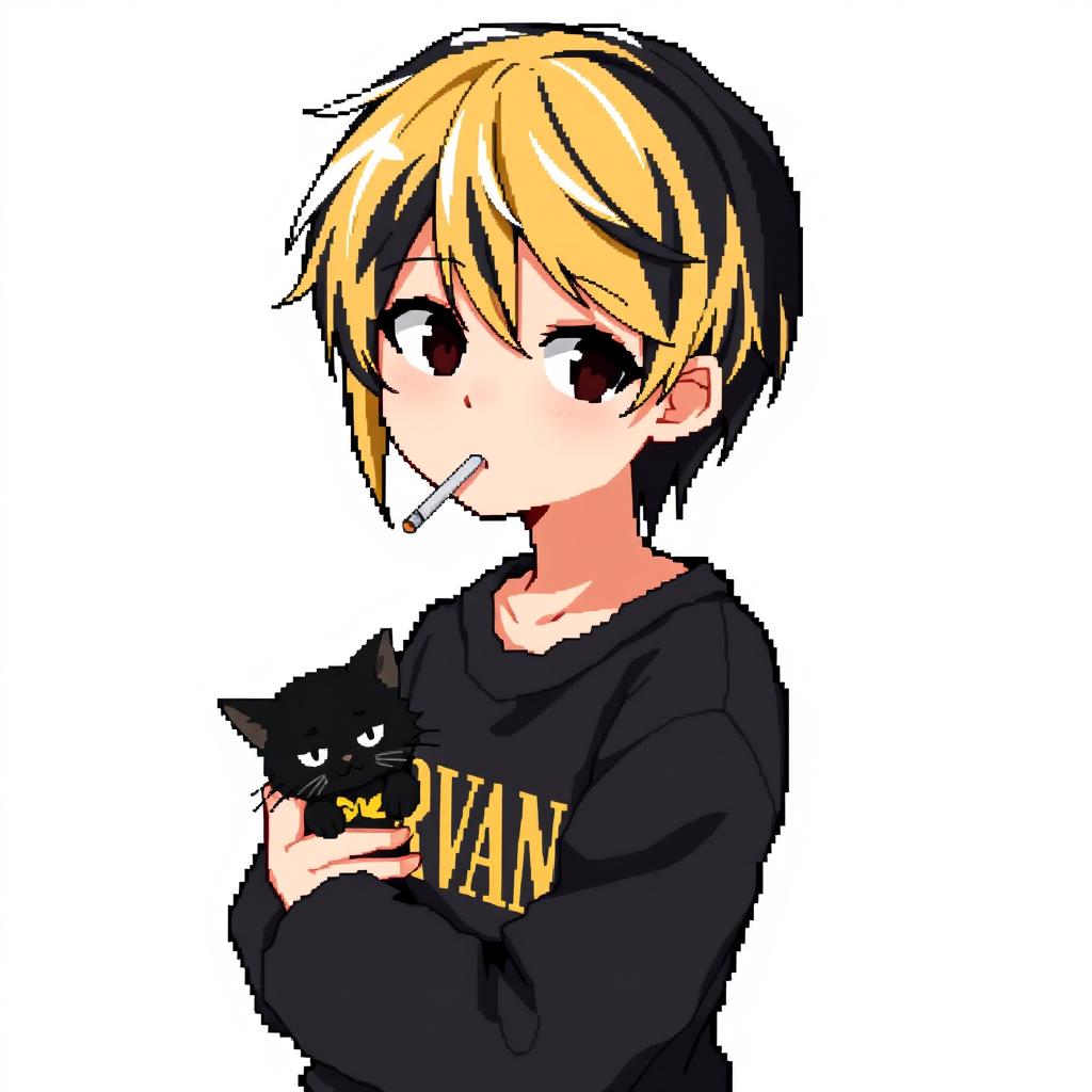 A half-body pixel anime image of a teenage boy with medium black hair that transitions to blonde at the back