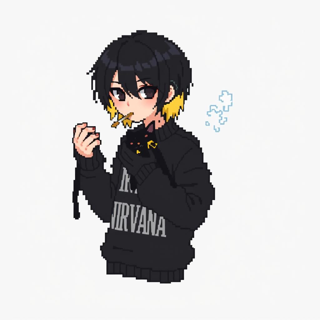 A half-body pixel anime image of a teenage boy with black medium-length hair that transitions to blonde at the back