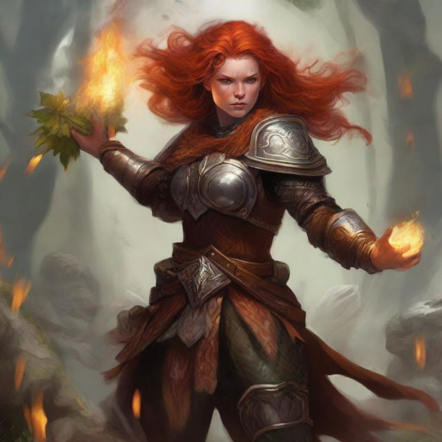 A commanding image of a fiery redhead dwarven female druid empowered only with wood and earth control, enshrined in her hefty armor as she directs a tumult of leaves and rocks to swirl in an air current around her.