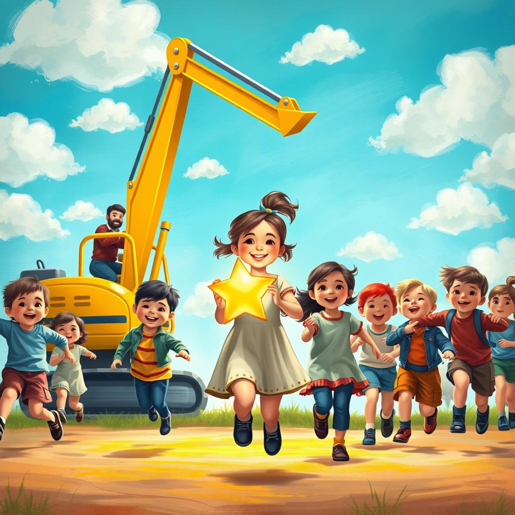 A whimsical scene depicting a group of children joyfully running towards a man operating a large building excavator