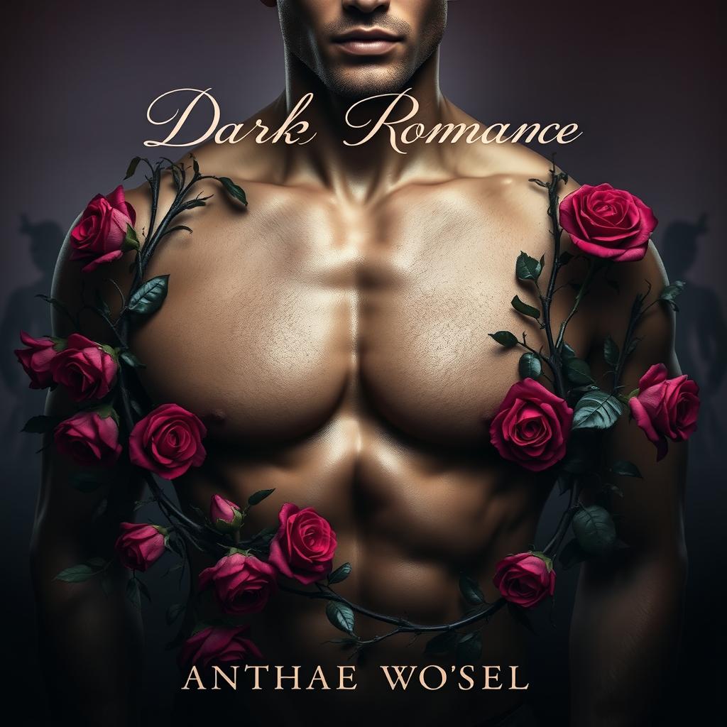 A captivating dark romance book cover featuring a muscular male chest prominently displayed in the foreground