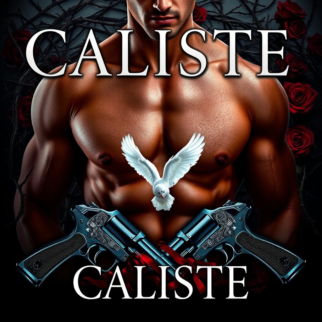 A striking dark romance book cover titled "Caliste" featuring a muscular male chest in the foreground, showcasing strength and allure