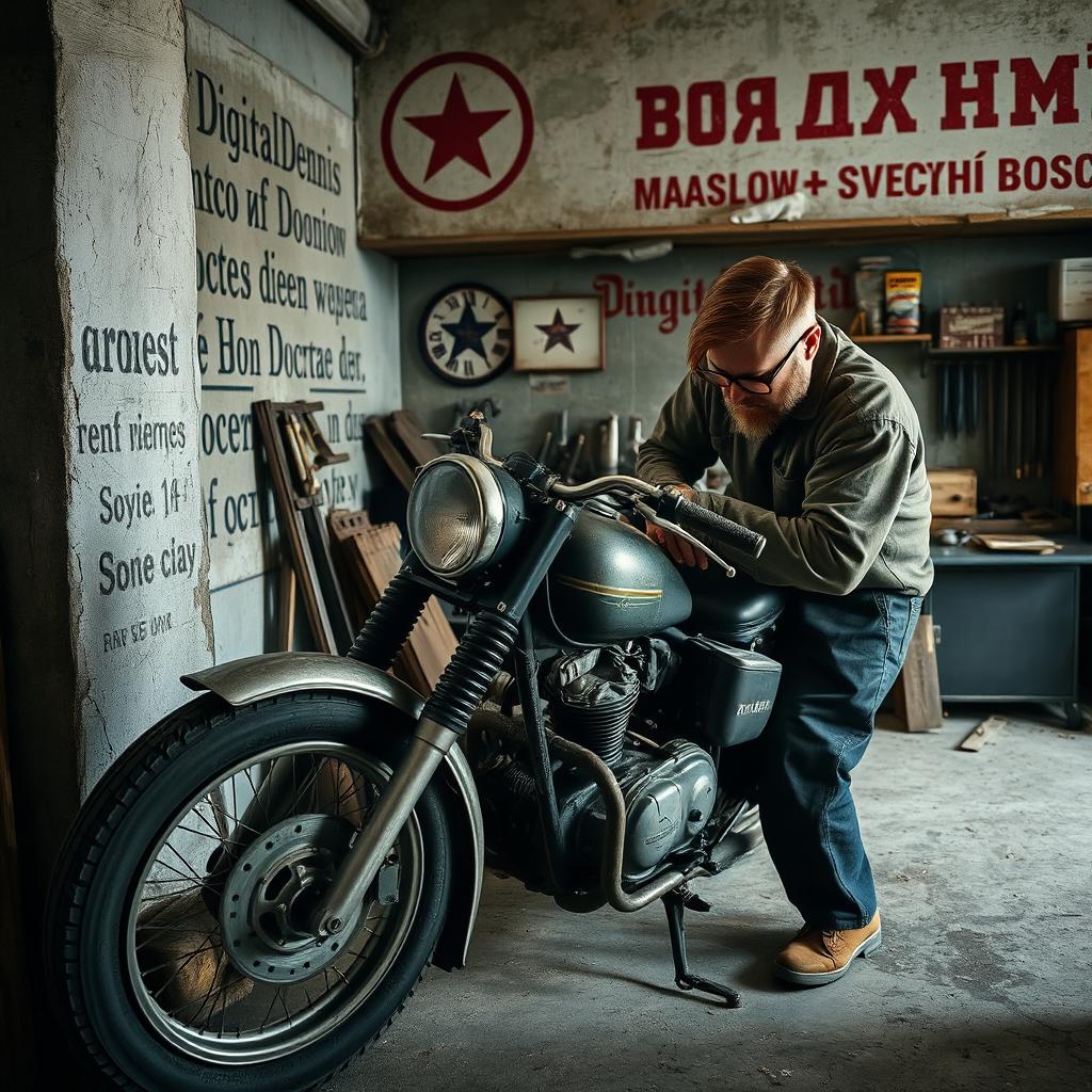 An old motorcycle resting in a worn-down Soviet-era garage, featuring faded English symbols on the walls