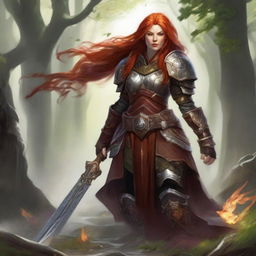 In the thick of nature's prowess, a fiery redhead dwarven female druid with exclusive mastery over wood and earth elements, donned in her formidable heavy armor, channels a swirling current of air populated by drifting leaves and rocks.