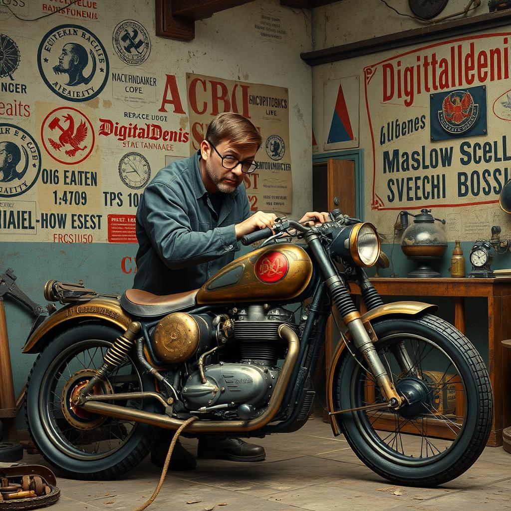 An old steampunk motorcycle is stationed in a charming, vintage Soviet-era garage, rendered with intricate details