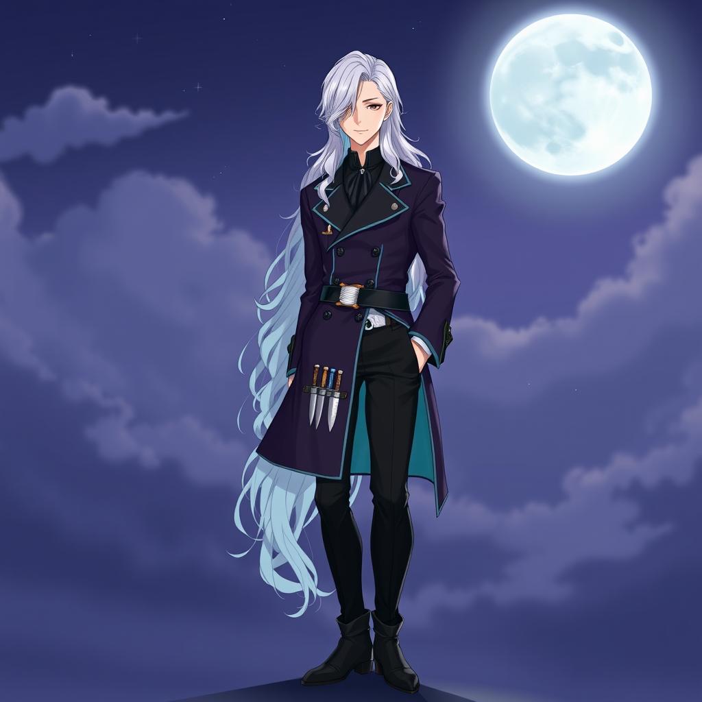 Lunari, Servant of the Moon is depicted as a tall, slender man with a modest smile, long wavy white hair cascading down and elegantly covering his left eye