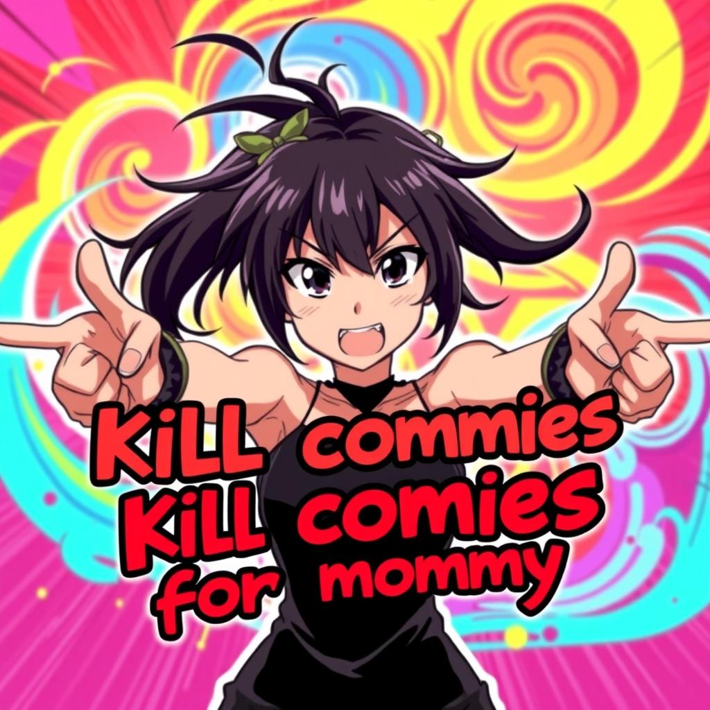 An anime-style illustration of a woman extending her arms outward, showcasing an energetic and defiant pose