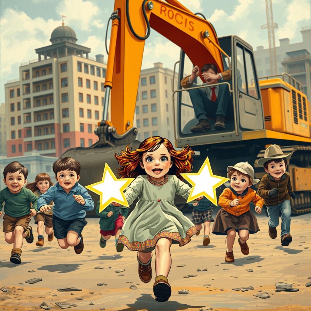 A social realism style depiction of children running energetically towards a man operating a building excavator