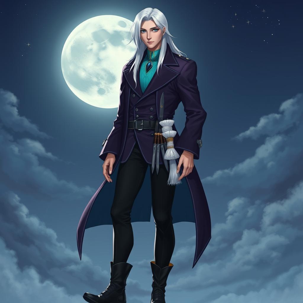 Lunari, Servant of the Moon, is portrayed as a tall man with a thin build, exuding a confident and serious demeanor