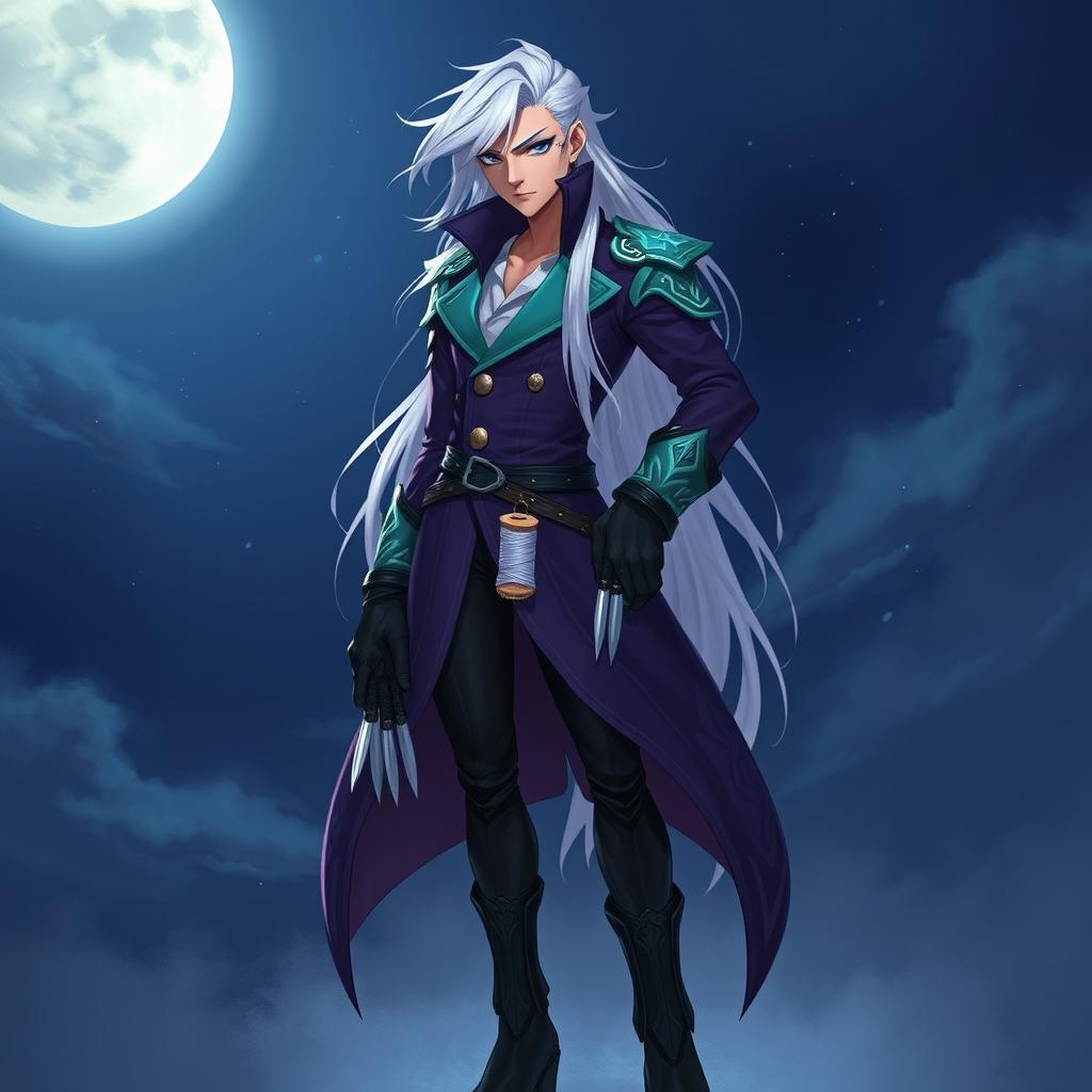 Lunari, Servant of the Moon, a character inspired by League of Legends, is depicted as a tall man with a thin build and a confident, serious expression