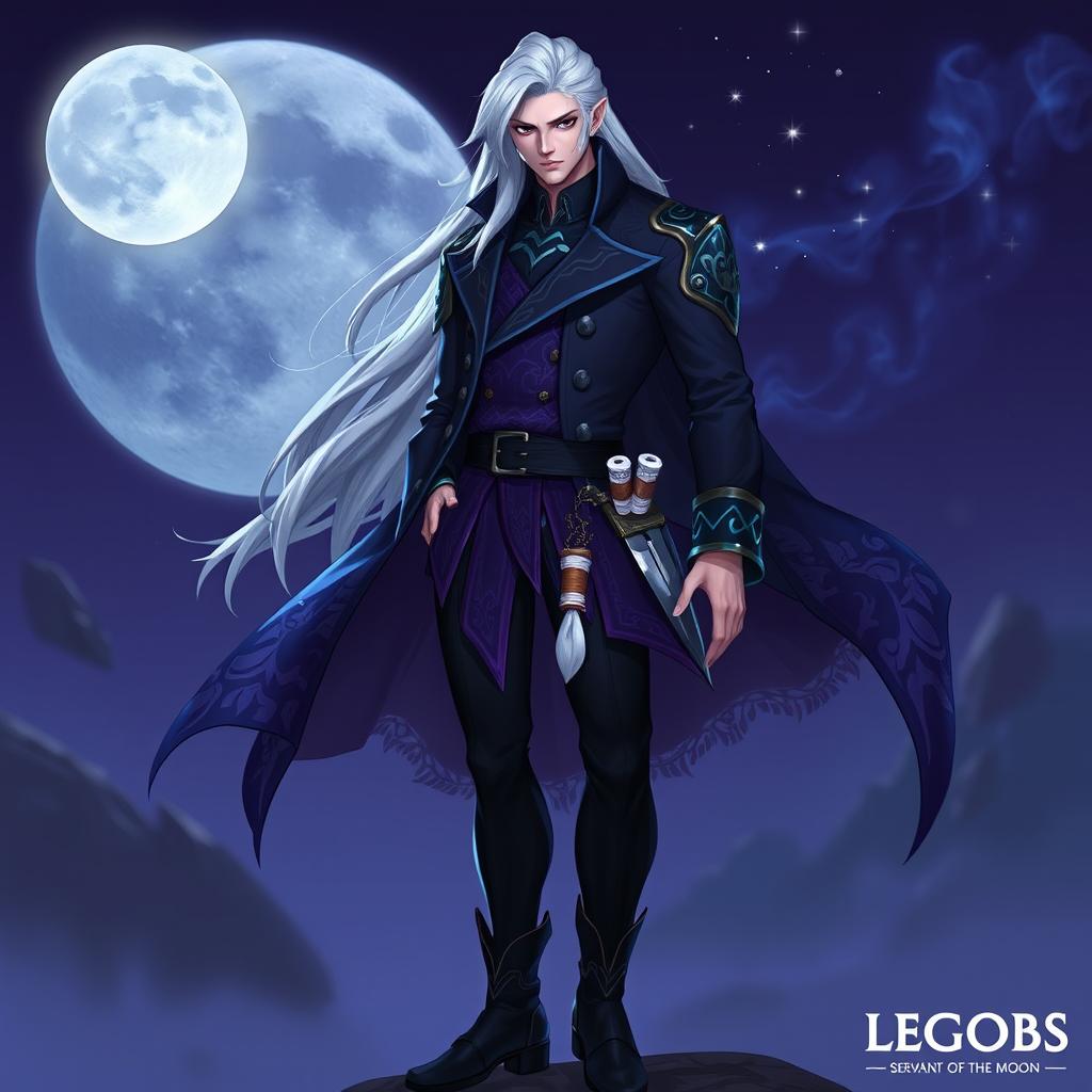 Lunari, Servant of the Moon, inspired by League of Legends, is depicted as a tall man with a thin build, sporting a confident and serious visage