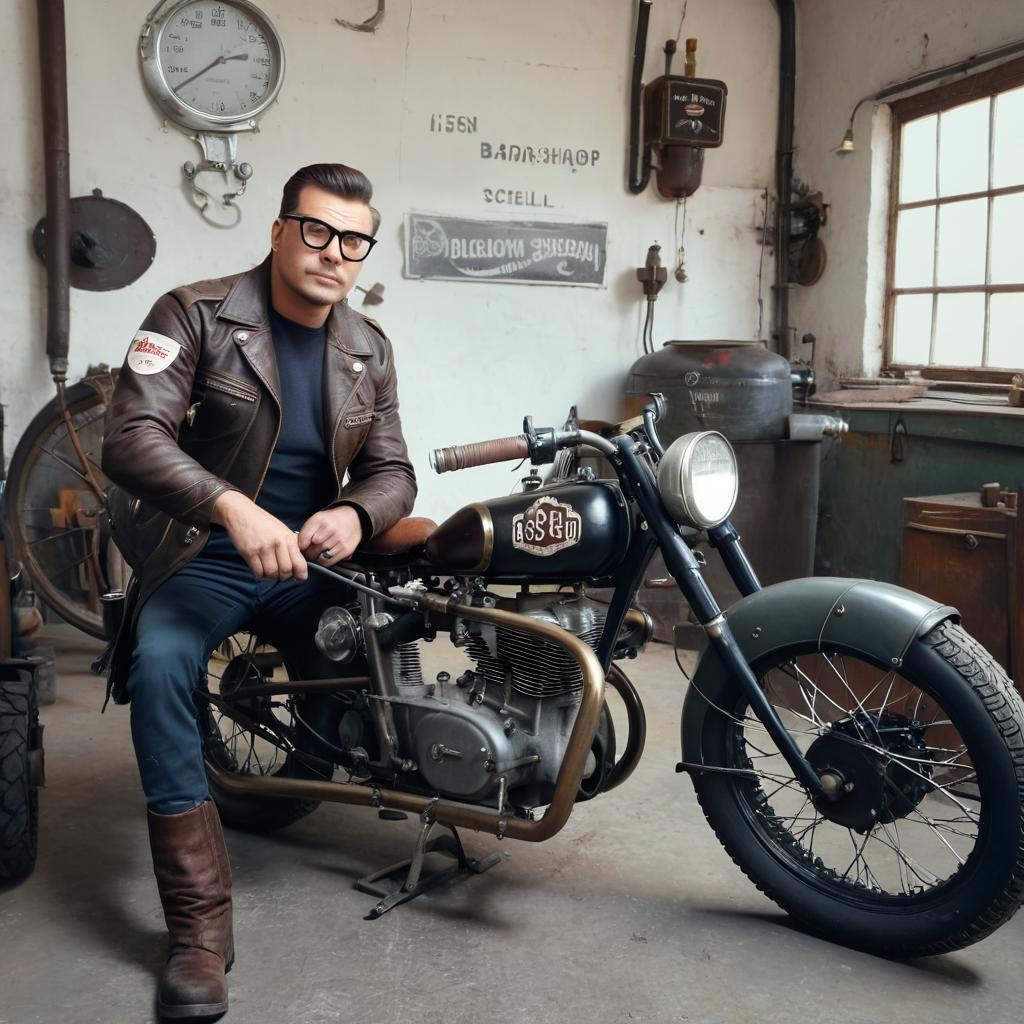 Old steam punk motorcycle in old Soviet Russian garage with old English simbols. "DigitalDenis" "Maslow Schell-svechi Bosch" is written on the wall. Russian mechanic man with big glasses and brown hairs from barber shop changes oil