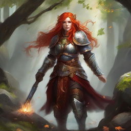 In the thick of nature's prowess, a fiery redhead dwarven female druid with exclusive mastery over wood and earth elements, donned in her formidable heavy armor, channels a swirling current of air populated by drifting leaves and rocks.