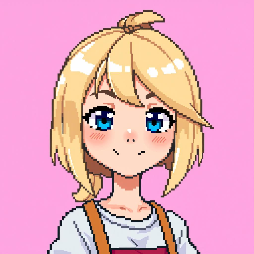 A pixel art style girl with shoulder-length light blonde hair tied in a ponytail
