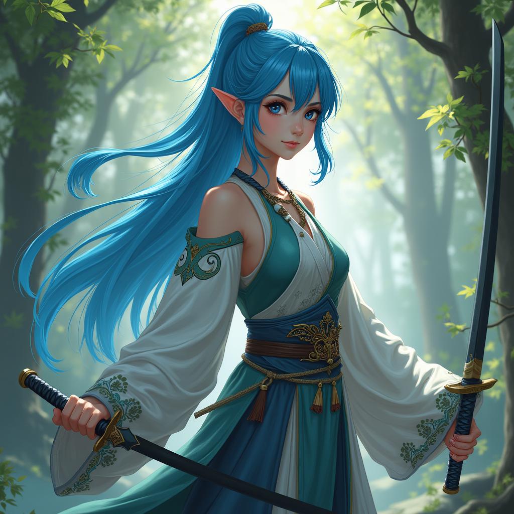 An artistic depiction of a female half-elf, with enchanting blue hair, embodying the essence of an espadachim (sword master)