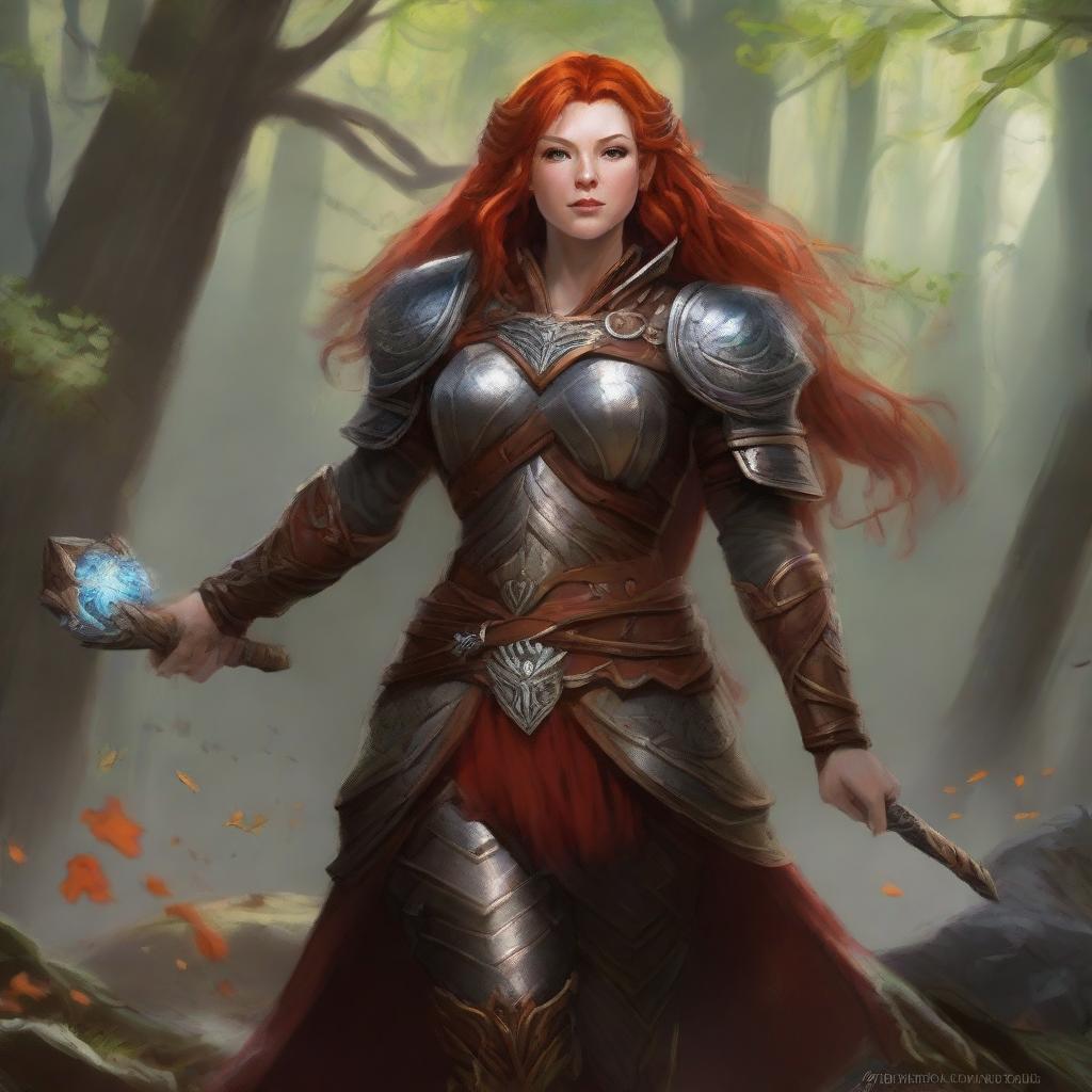 In the thick of nature's prowess, a fiery redhead dwarven female druid with exclusive mastery over wood and earth elements, donned in her formidable heavy armor, channels a swirling current of air populated by drifting leaves and rocks.