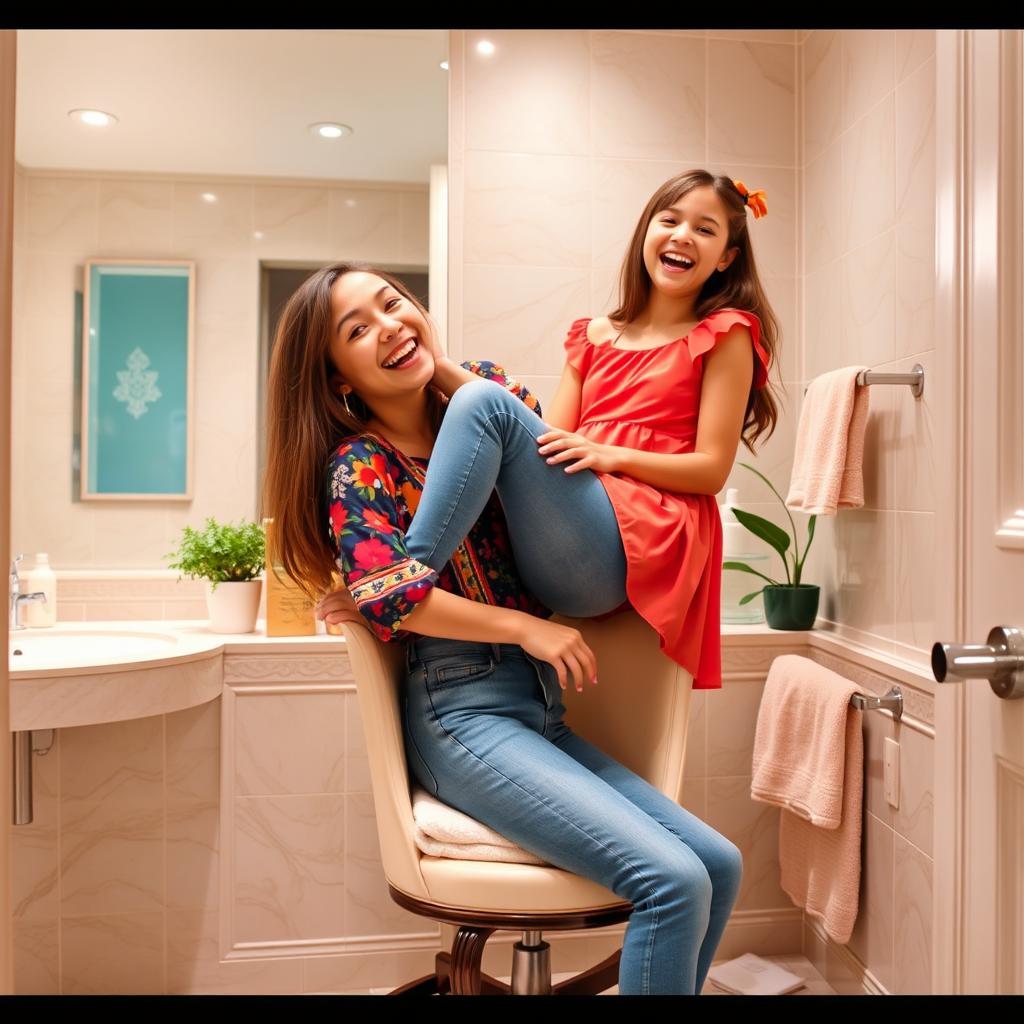 Two girls in a bathroom, one sitting on a chair and the other positioned on top of the seated girl with her legs crossed, both fully dressed