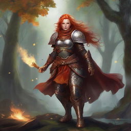 In the thick of nature's prowess, a fiery redhead dwarven female druid with exclusive mastery over wood and earth elements, donned in her formidable heavy armor, channels a swirling current of air populated by drifting leaves and rocks.