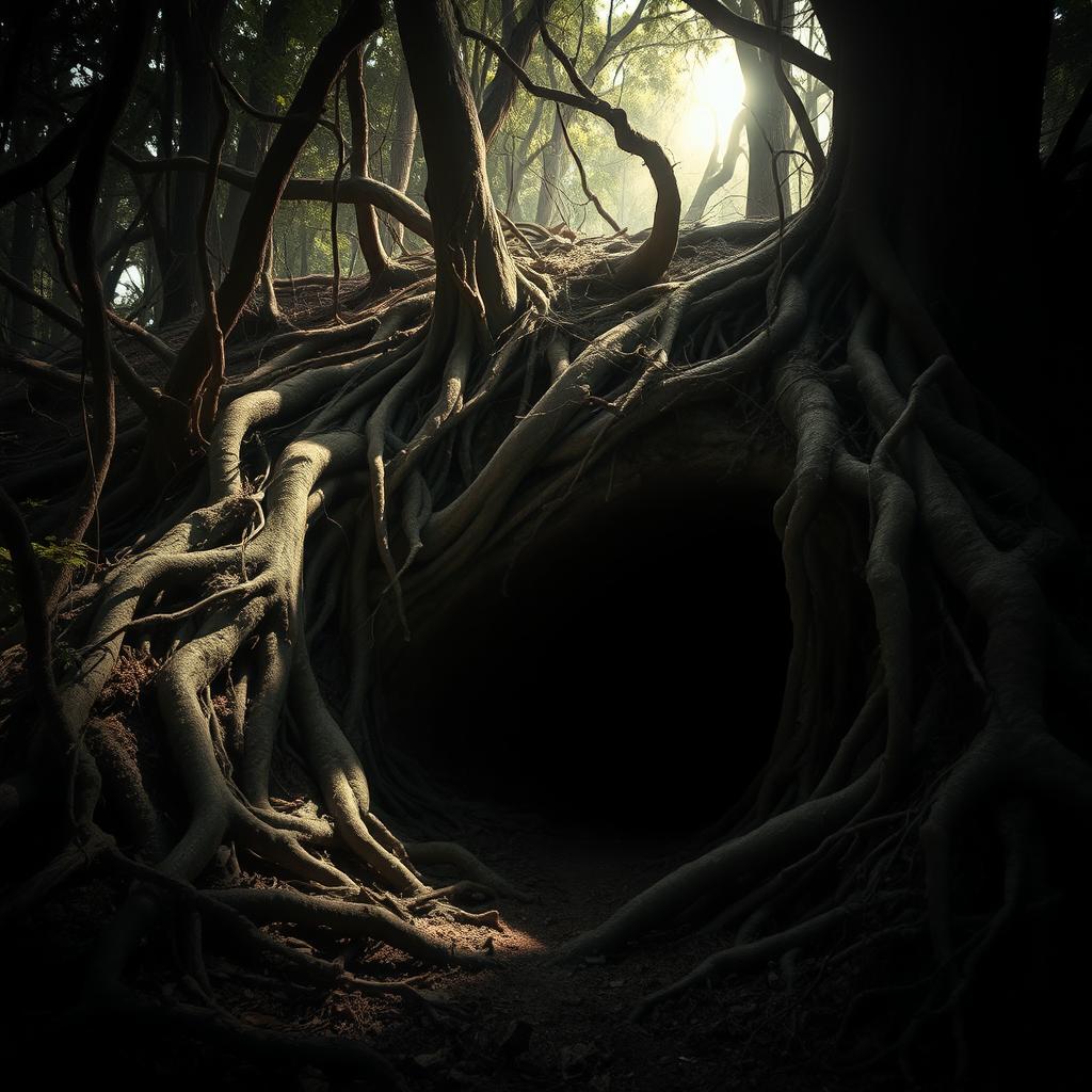 A desolate, eerie burrow hidden in a dense, dark forest