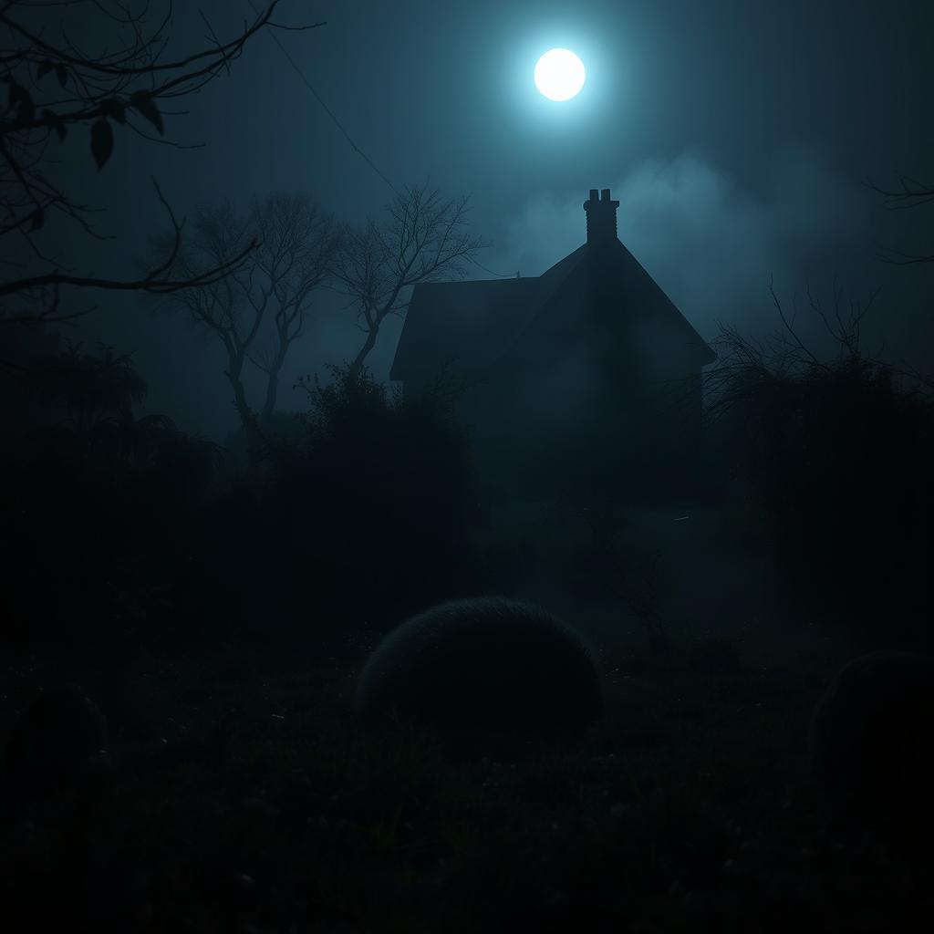 A nighttime garden scene bathed in soft moonlight