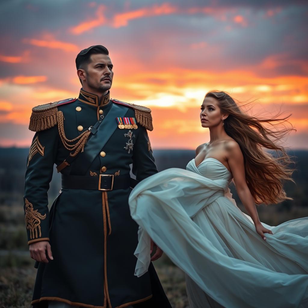 A powerful army commander standing proudly in a battlefield setting, wearing a detailed, ornate uniform with distinguished insignia