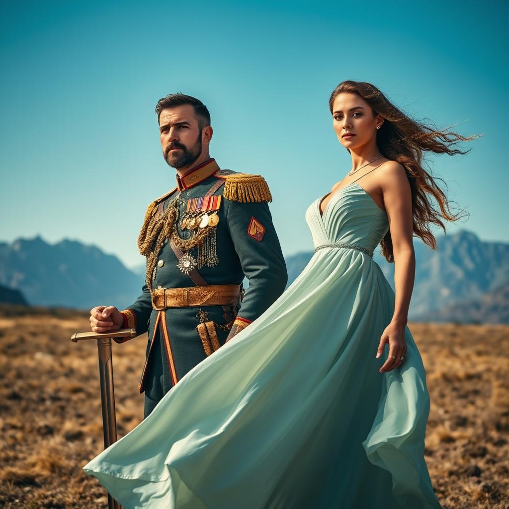 A powerful and authoritative army leader standing confidently beside a stunningly beautiful woman