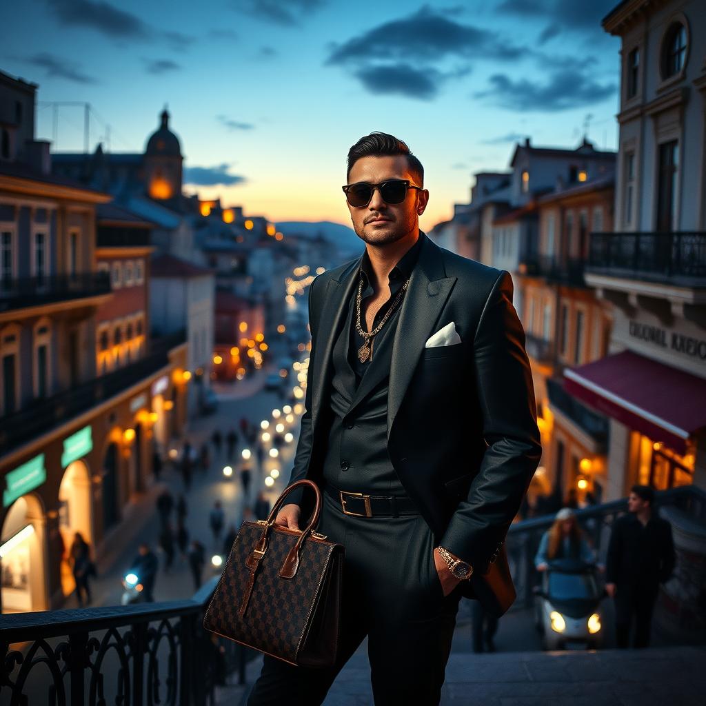 A glamorous scene featuring a stylish person in an upscale setting, dressed in luxurious attire, exuding wealth and confidence