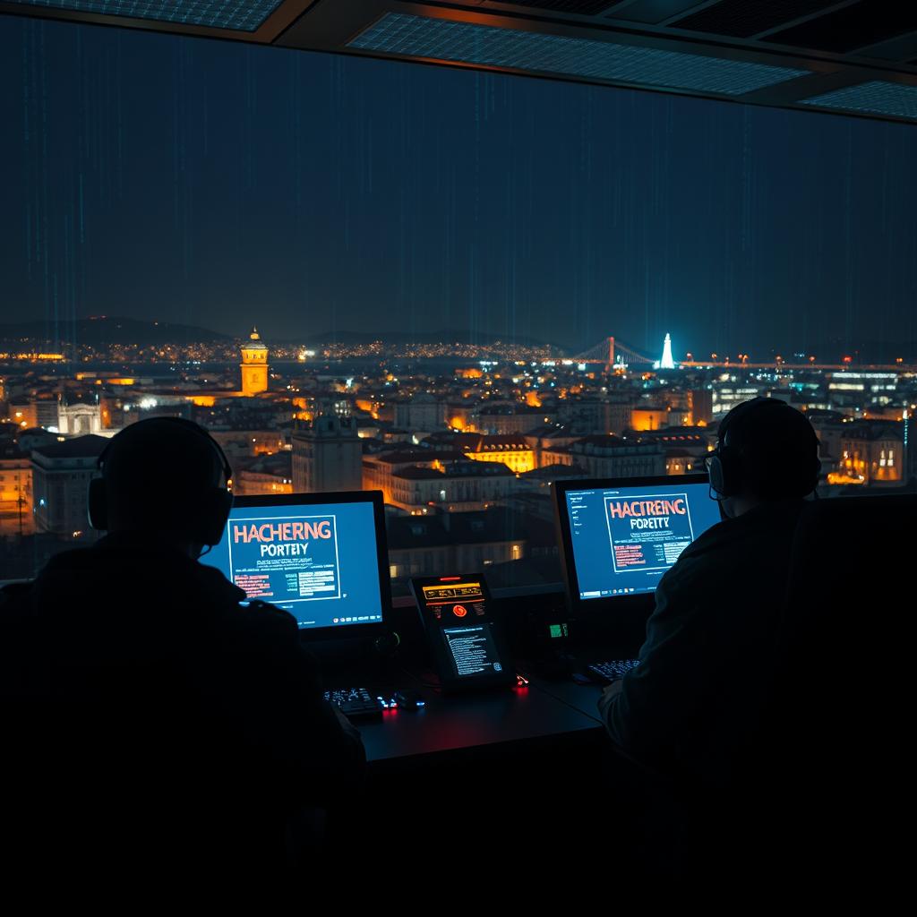 A dramatic scene depicting a cyberattack scenario in Portugal where hackers are targeting the power grid