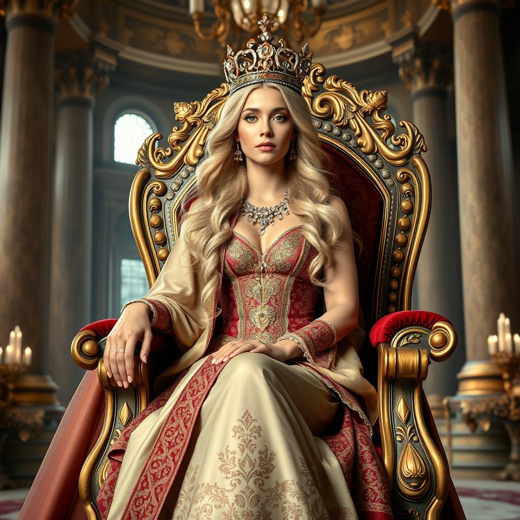 A stunning Persian queen with long, flowing blonde hair, elegantly seated on an ornate throne