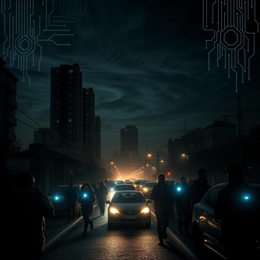 A dramatic scene showcasing a cyber attack on Portugal's power grid