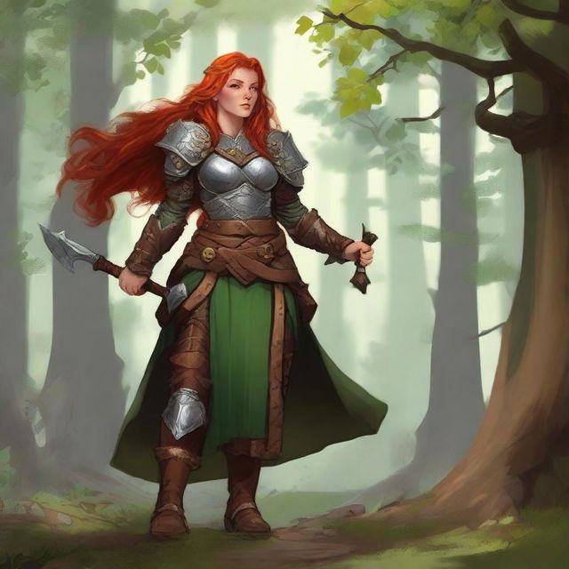 A dynamically powerful redhead dwarf female druid (only controlling the wood and earth elements) stands adorned in solid heavy armor. She commands a current of air visibly laden with twirling leaves and small rocks around her.