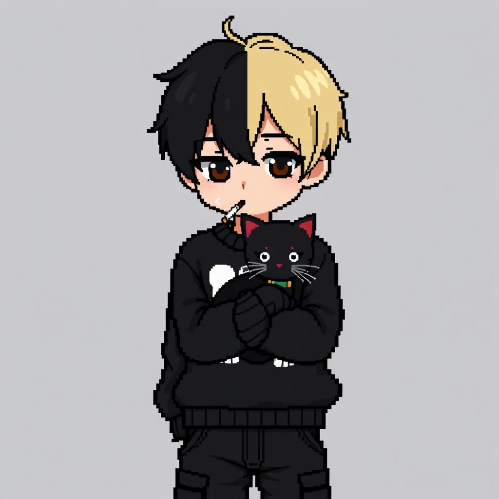 A pixel art image of a teenage boy with medium black hair that transitions to blonde at the back