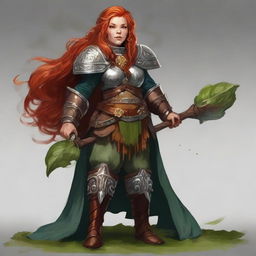 A dynamically powerful redhead dwarf female druid (only controlling the wood and earth elements) stands adorned in solid heavy armor. She commands a current of air visibly laden with twirling leaves and small rocks around her.