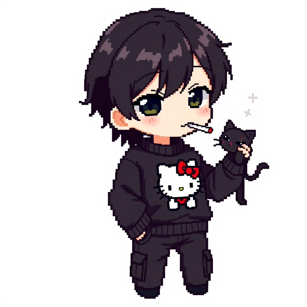 An anime pixel art image of a boy with medium black hair, wearing a black Hello Kitty sweater and black cargo pants